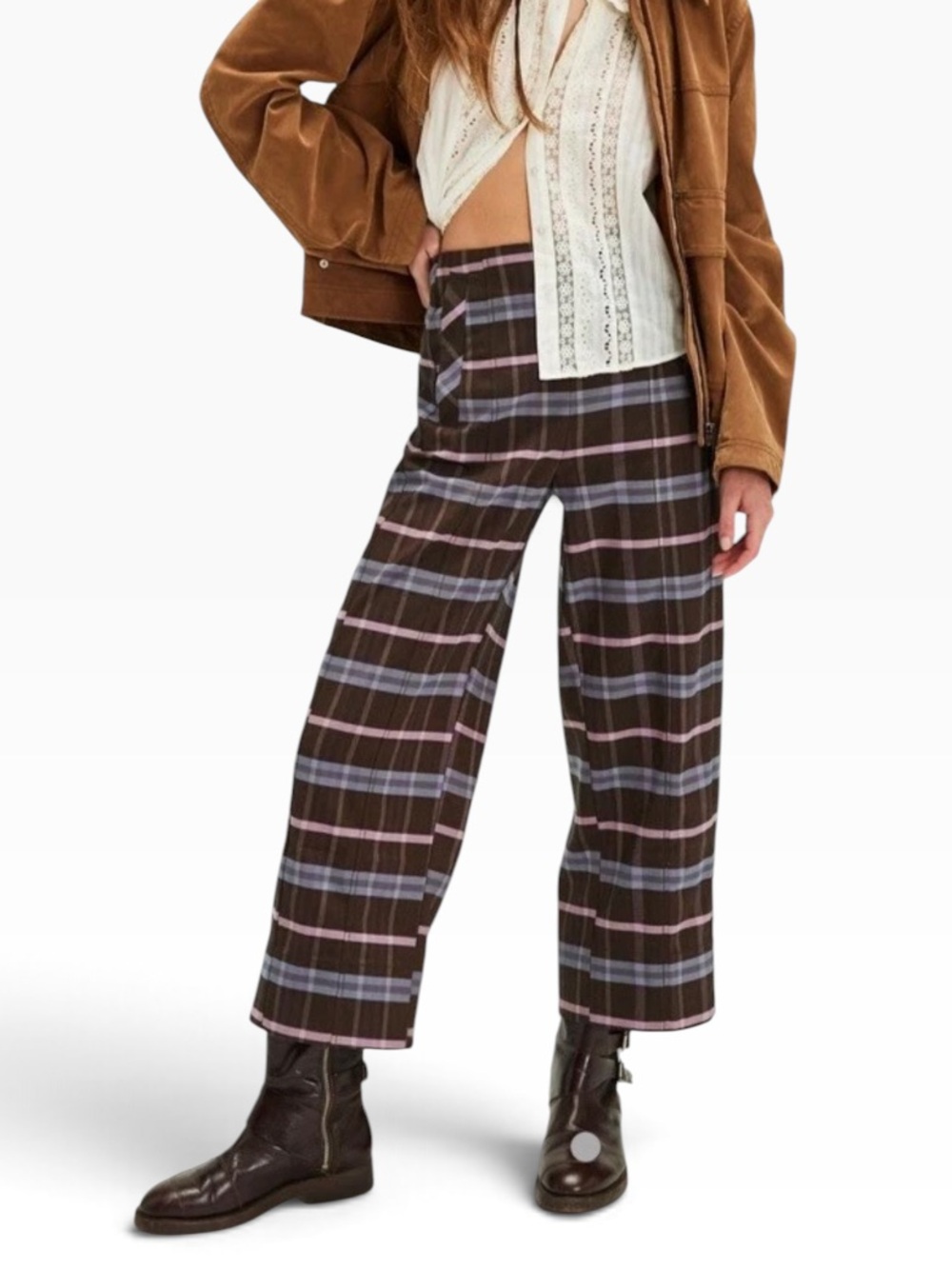 Free People Acadia Brown Plaid Cropped Wide-Leg Trousers Pants size 4